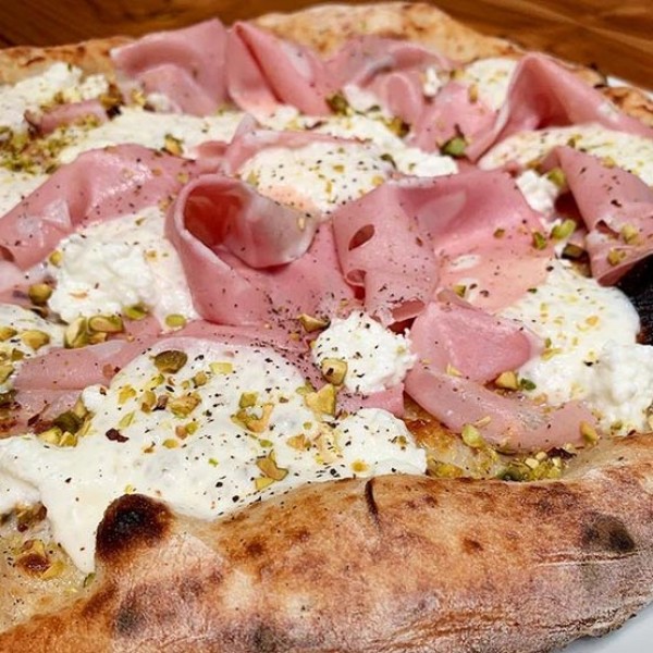 One of my best pizzas: Mortadella, Parmiggiano foam, Asiago & Pistachio