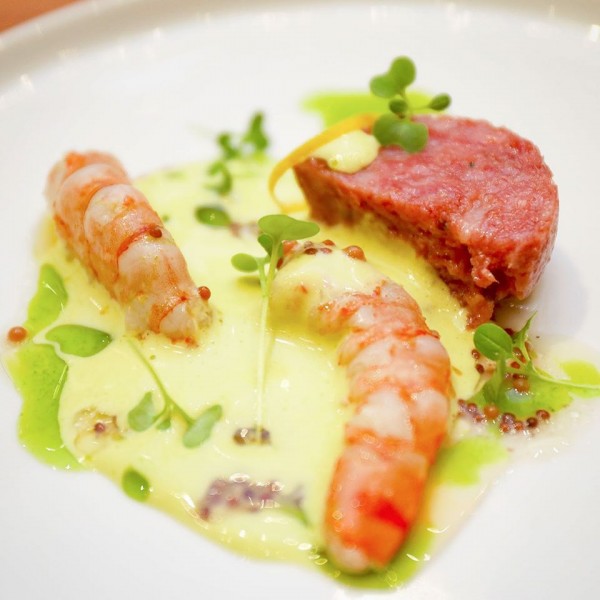 Combination of Shrimp & Cotechino with Avocado Sabayon, Italian parsley water & mustard