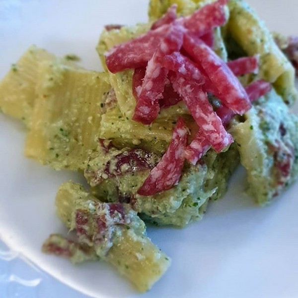Sicilian broccoli and shiso pesto with salame cacciatore italiano  <br> 私の シチリアン ブロッコリ と しそ ペスト と サラメ カッチアトレ ^^
